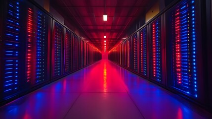 Illuminated server room corridor.