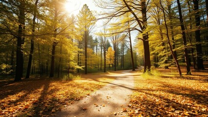 Naklejka premium Autumnal Pathway Through Sun-Dappled Woods Featuring Golden Leaves