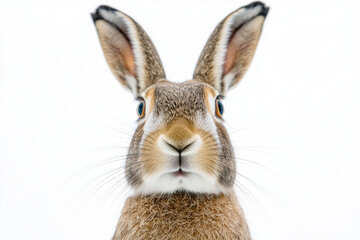 Obraz premium Portrait of brown rabbit isolated on white background, Selective focus hare on white background.