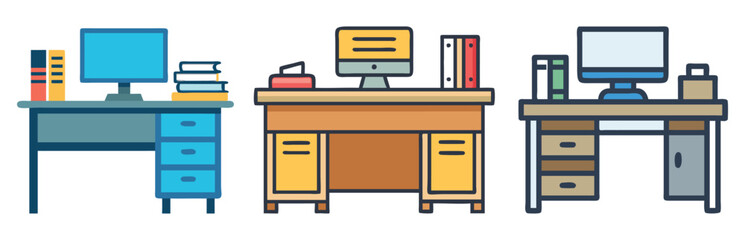 Office Desk Set with Computers and Accessories, Vector illustration of three office desk setups featuring computers, books, and storage, showcasing organized and functional workstation designs.
