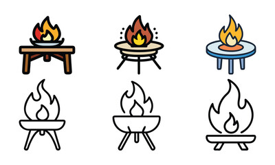 Fire Pit Design Set in Color and Line Art, Vector illustration featuring six fire pit designs, showcasing a mix of vibrant colors and black-and-white line art styles for outdoor decor concepts.
