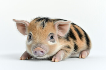 Fototapeta premium Portrait of micro pig isolated on white background, Selective focus hand holding brown fur mini pig on white.