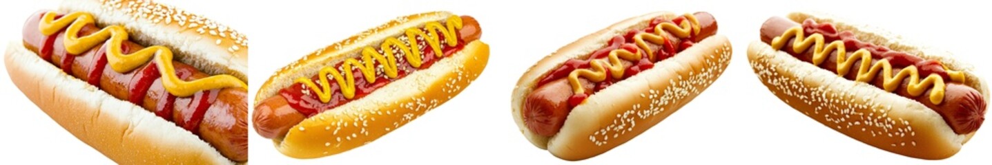 A mouthwatering hot dog with mustard, ketchup, and pickles, presented in isolation (Stock, Generative, AI).