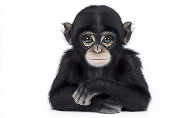 Fototapeta premium Portrait of baby chimpanzee with black hair isolated on white background, Selective focus smile monkey on white.