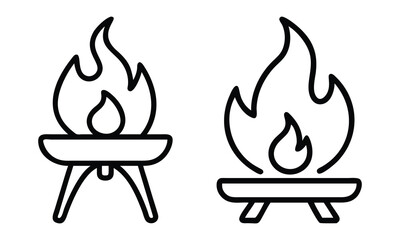 Line Art Fire Bowl Designs Illustration, Black and white line art illustration of two fire bowls with flames, showcasing simple and modern designs for outdoor heating concepts.

