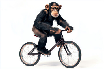 Naklejka premium Portrait of chimpanzee riding a bicycle in the circus isolated on white background, Selective focus smart chimpanzee on the bike in the zoo.