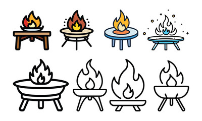 Fire Pit Designs in Color and Line Art, Vector illustration of eight fire pit designs, combining colorful and black-and-white line art styles, ideal for outdoor and patio concepts.
