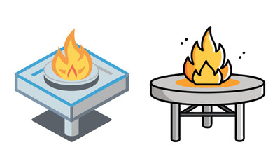 Modern Fire Pit Designs Illustration, Vector illustration of two modern fire pit designs, featuring a square and a round style with vibrant flames, perfect for outdoor spaces.
