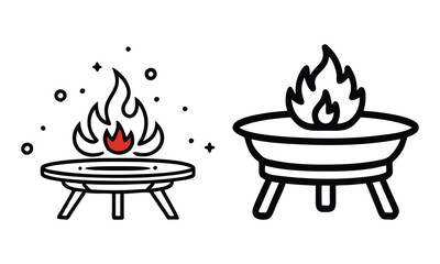 Fire Pit Line Art and Minimalist Illustration, Vector illustration of two fire pits, one with decorative flames and the other in minimalist line art, ideal for outdoor design concepts.
