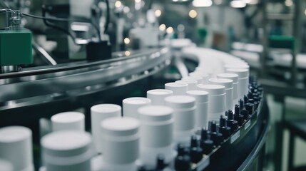 Obraz premium White Containers Moving Along a Conveyor Belt