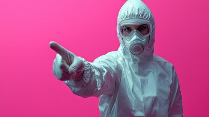 Female in a protective suit points decisively against a vibrant pink background.