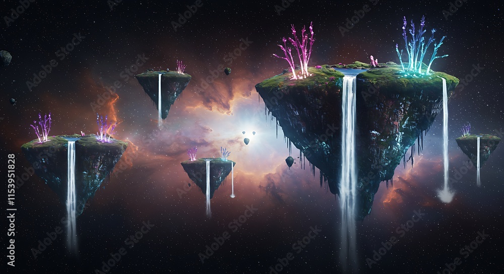 Wall mural a surreal space scene with floating islands and waterfalls in zero gravity