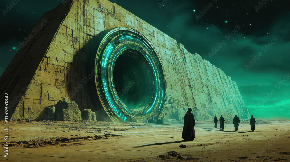 Poster 3000s, a mysterious monolithic structure with a glowing portal looms in a desolate landscape as figu