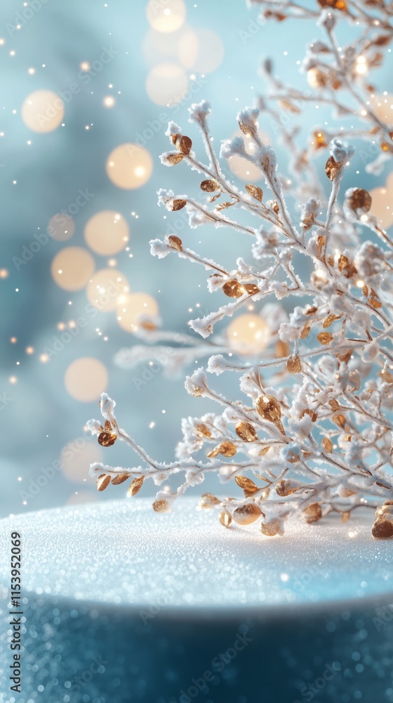 Poster snowy winter scene with delicate branches and soft background bokeh
