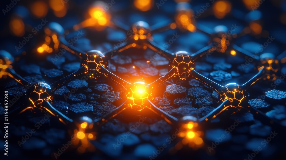 Poster abstract representation of a glowing molecular structure in cool tones.