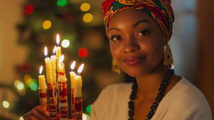 African American woman in white attire celebrating Kwanzaa, holding the Kinara (candle holder) in a festive living room