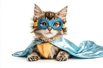 Obraz premium Selective focus heroic cat with hero cape and mask isolated on white background, Elegant sit cat with hero costume for commercial advertisement, Portrait of cat with hero posture for pet food ad.