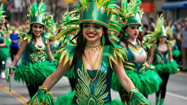 Dancers wearing vibrant green costumes perform energetically in a lively parade