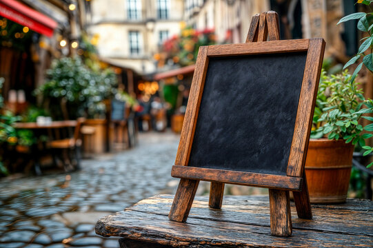 Ardoise noire vide posée sur un chevalet dehors devant un restaurant dans une rue pavée pour menu