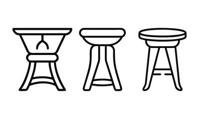 Line Art Illustration of Stool Designs, Black and white line art illustration of three stool designs with unique shapes and curved legs, perfect for modern and classic furniture concepts.
