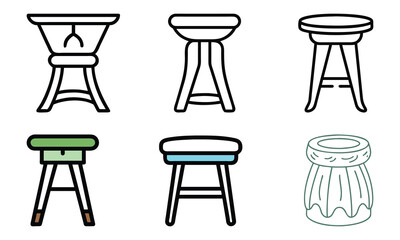 Set of Stool Designs in Line Art and Color, Vector illustration of six stool designs in a mix of black-and-white line art and colorful styles, showcasing unique and modern furniture concepts.
