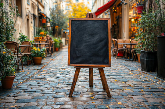 Ardoise noire vide pos&eacute;e sur un chevalet dehors devant un restaurant dans une rue pav&eacute;e pour menu
