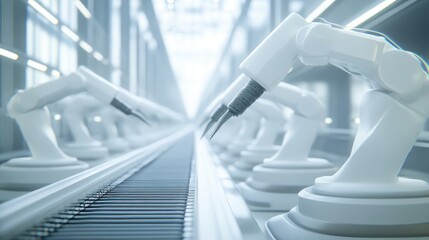 Fototapeta premium Automated Assembly Line with Robotic Arms in a Futuristic Factory