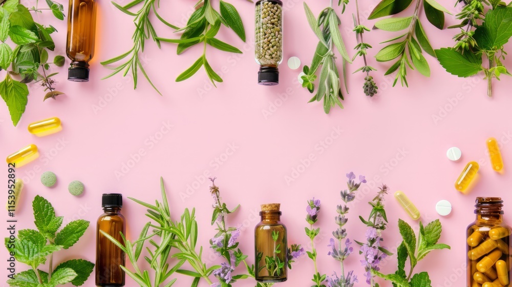 Aufkleber the image shows an assortment of natural elements and capsules arranged around the edges of a pink b