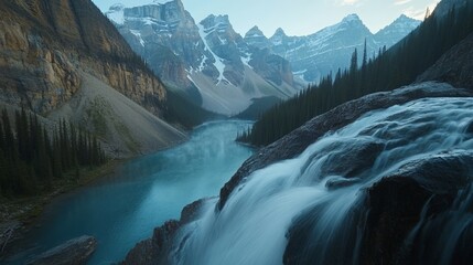 Serene Mountain Lake with Flowing Waterfall at Dusk