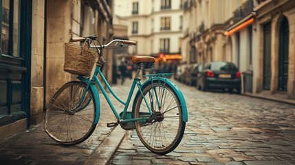 Vintage Bicycle on Cobblestone Street in Historic European City