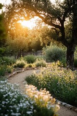 Obraz premium Enchanting Sunset Garden Path Framed by Lush Foliage and Blooming Florals