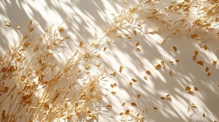 Golden Dried Flowers and Gold Leaf on Beige Background