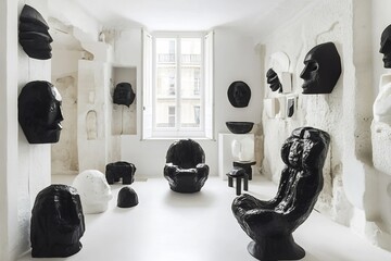 Avant Garde Monochrome Sculpture Exhibition in Modern Art Gallery Interior