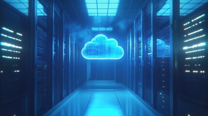 Data center con nube digital iluminada