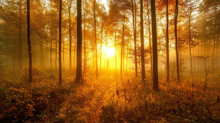 Obraz premium Foggy misty sunrise in the mountain forest trees. morning in natural woodland environment, autumn fall foliage landscape, sunset in rural mysterious woods, dawn scenery, sunlight.