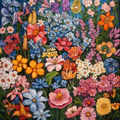 Fototapeta premium Vibrant Display of a Variety of Flowers Showcasing an Explosion of Colors in a Lush Garden Setting