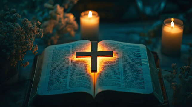 Glowing christian cross in the middle of an open book bible on the table. holy scripture text study and read, sacred old and new testament literature for salvation through jesus christ.