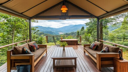 Fototapeta premium Cozy Timber Cabin Porch with Scenic Mountain View in Lush Forest Retreat