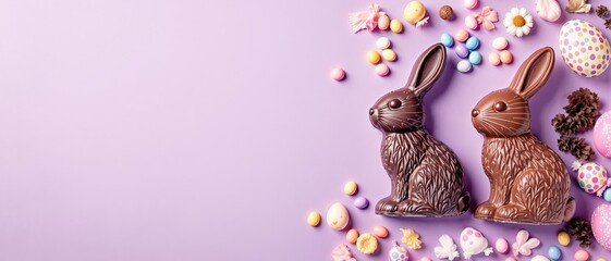 Chocolate easter bunny, eggs and candies on violet background. Easter holiday sweets for egg hunt. Greeting card, flyer with copy space. Flat lay, top view © Dmitrii