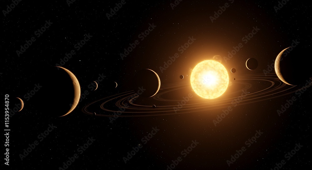 Wall mural a time-lapse style space scene with planets orbiting a bright, pulsating star