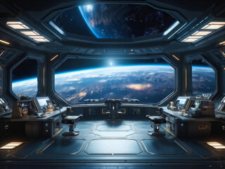 A futuristic space station interior with panoramic windows showcasing Earth and distant galaxies, bathed in soft, ambient lighting. Generative AI