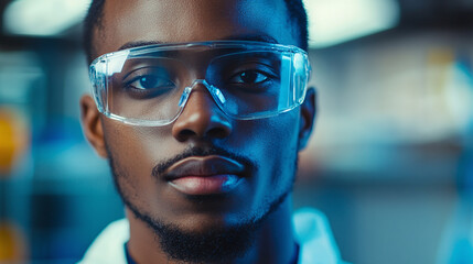 Portrait of young black african american scientist wearing protective glasses, standing in a laboratory interior. chemist professional, medical experiment and research, copy space, specialist.