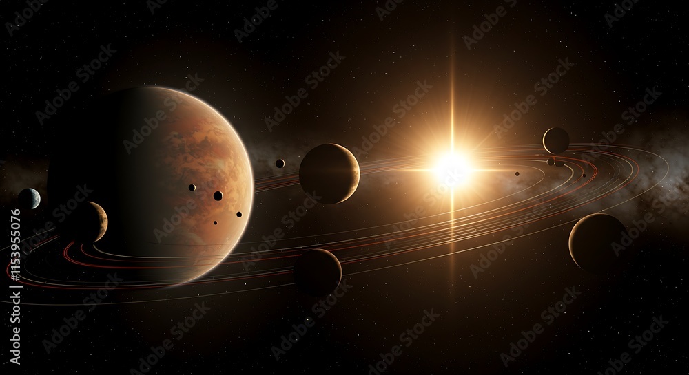 Wall mural a time-lapse style space scene with planets orbiting a bright, pulsating star