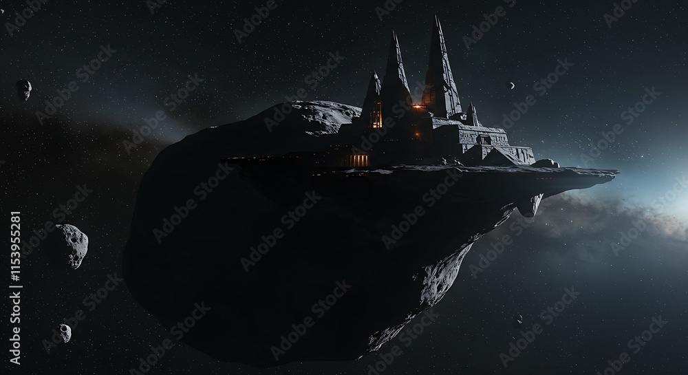 Wall mural a dark and mysterious alien temple built on a floating asteroid in deep space