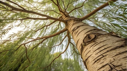Fototapeta premium a top-down view of willow bark, emphasizing its smooth, slender strips and light brown color