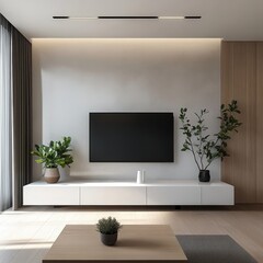 Modern Living Room Design Features Minimalist Decor With Sleek Furniture, Potted Plants, and a Wall-Mounted Television