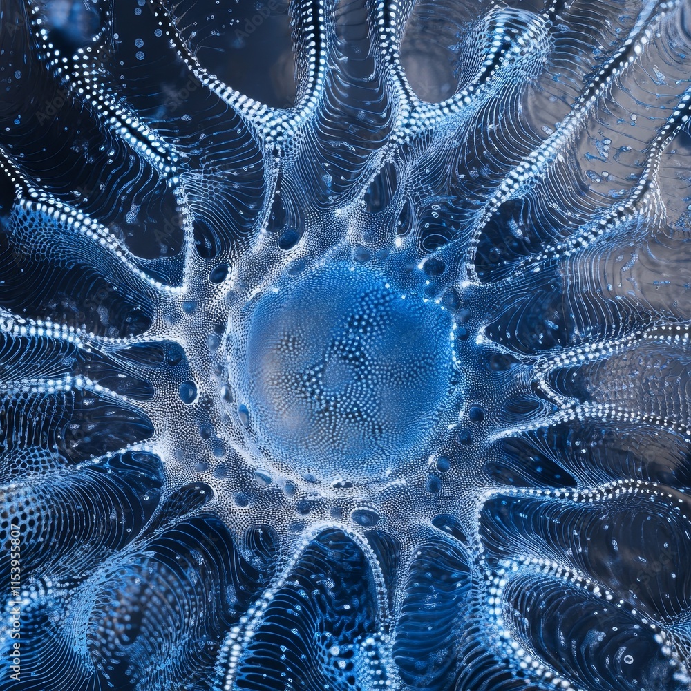 Poster intricate blue pattern created by liquid droplets suspended in a mesmerizing network of lines and sh
