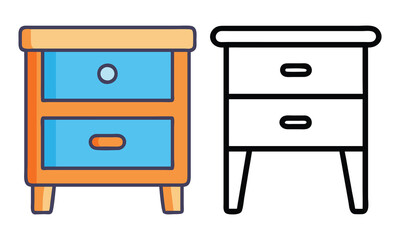 Color and Line Art Nightstand Illustration, Vector illustration of a nightstand in two styles: colorful and black-and-white line art, showcasing drawers and modern design.
