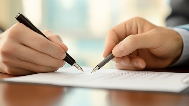 Two hands signing a document with pens on a wooden surface.