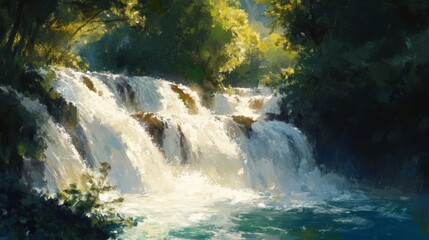 Cascading Water Through Vibrant Spring Greenery